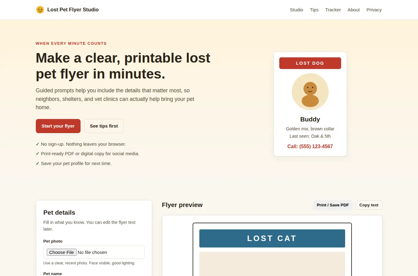Screenshot of Lost Pet Flyer Studio interface showing the project page in use